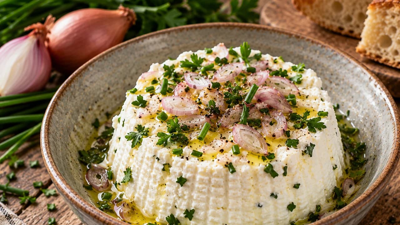 Faisselle fraîche assaisonnée aux herbes et échalotes