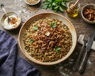 Découvrir la recette Lentilles et riz libanais aux oignons caramélisés