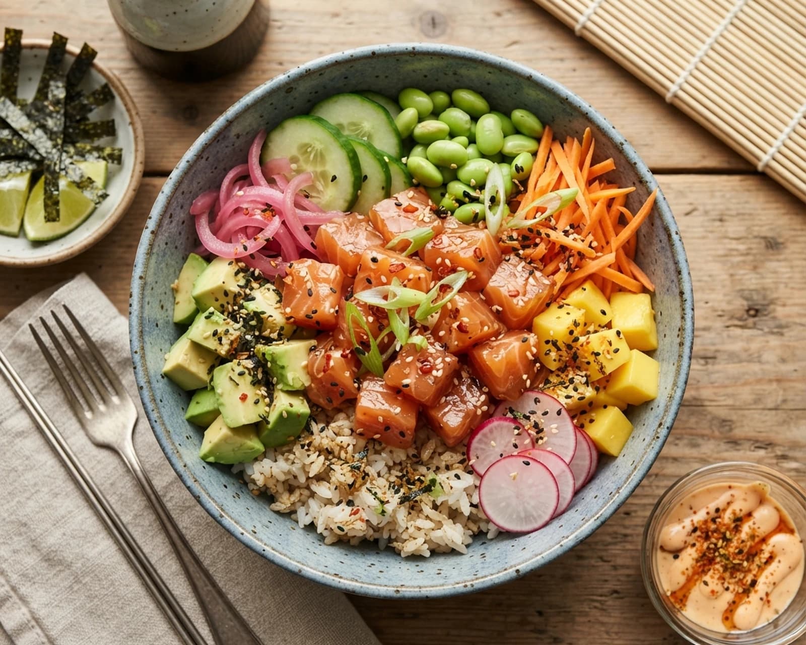 Bol hawaïen au saumon, riz et crudités