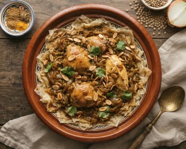 Découvrir la recette Poulet marocain aux lentilles et crêpes émiettées