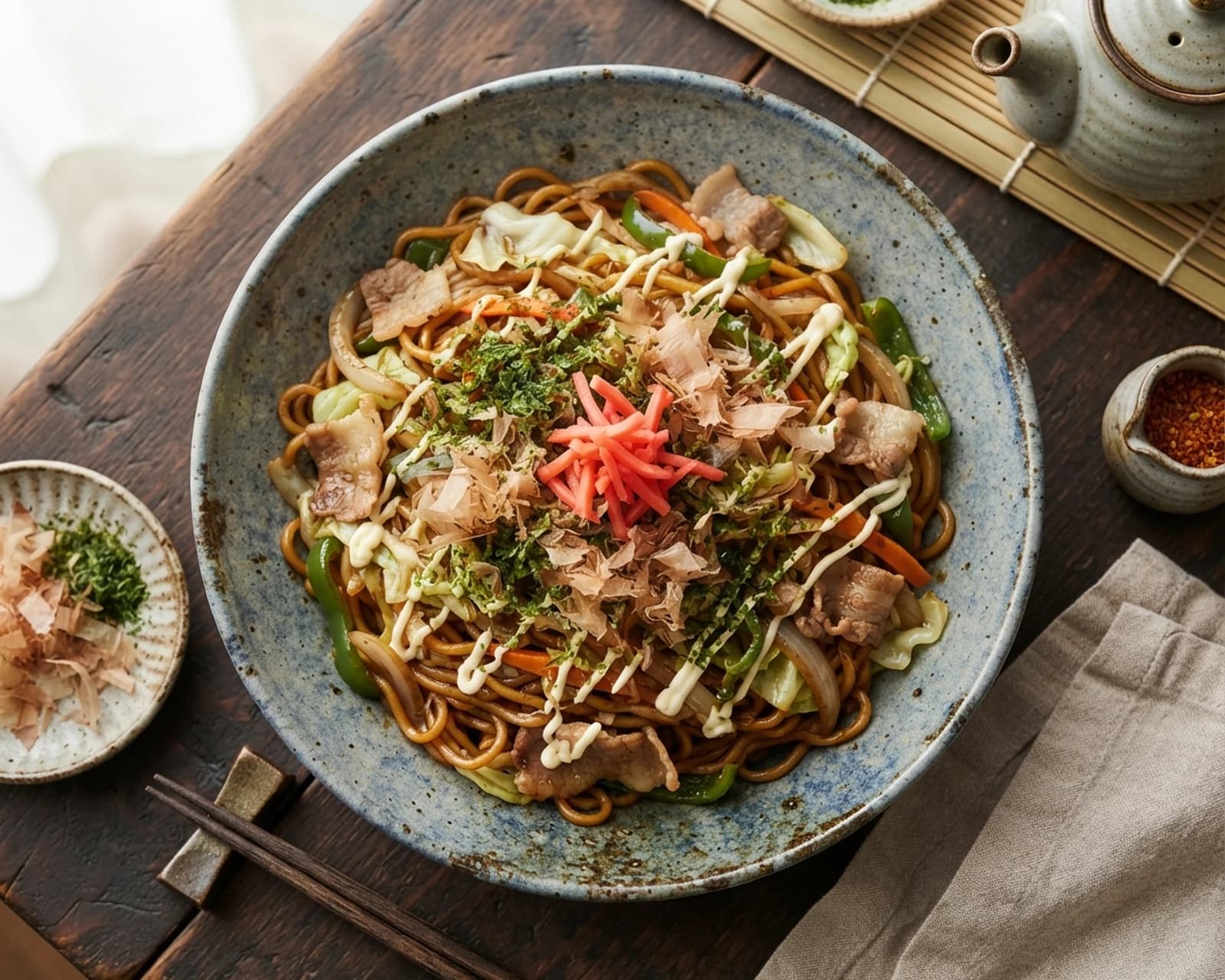 Nouilles japonaises sautées aux légumes et au porc
