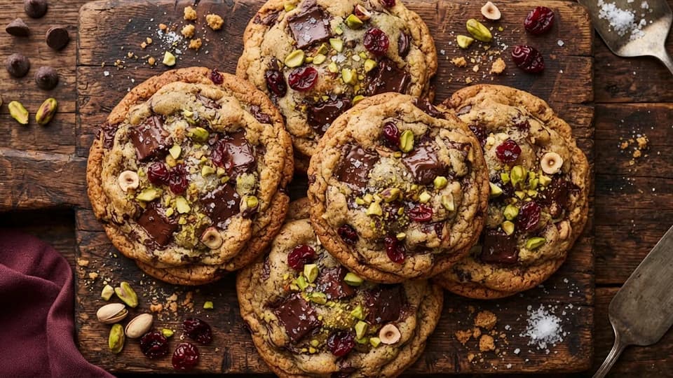 Cookies au chocolat, pistaches et cranberries — recettes de biscuits et petits gâteaux