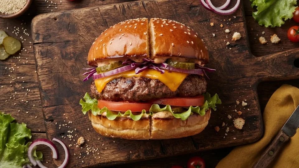 Burger au bœuf, cheddar, tomate, salade et oignon rouge — recettes de burgers, sandwichs et wraps
