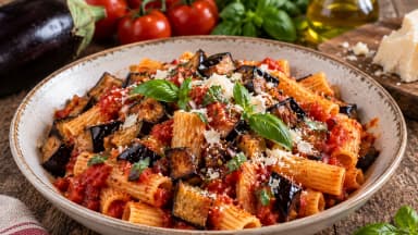 Découvrir la recette Pâtes siciliennes aux aubergines et à la ricotta