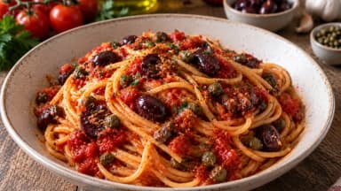 Découvrir la recette Spaghettis à la tomate, olives et câpres
