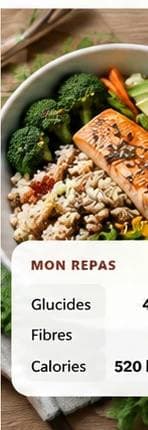 Repas équilibré avec aperçu du calcul des glucides, fibres et calories
