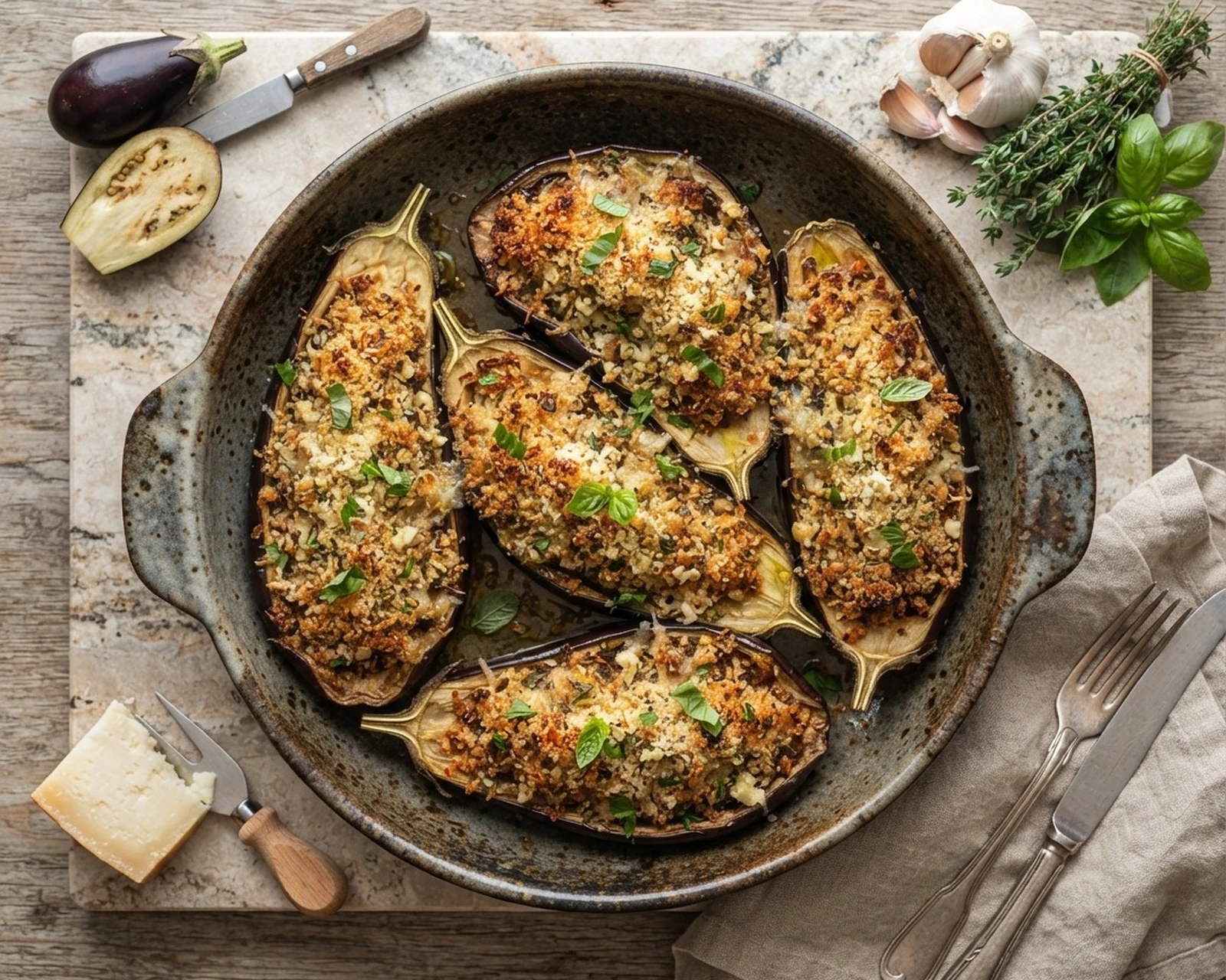 Aubergines à la bonifacienne présenté dans son plat de service, avec sa texture et sa garniture visibles