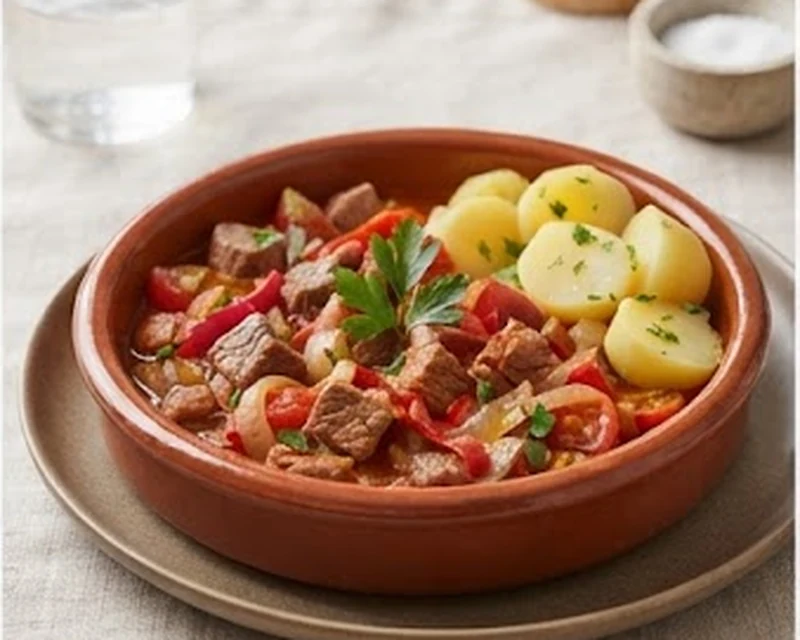 Axoa de veau présenté dans son plat de service, avec sa texture et sa garniture visibles