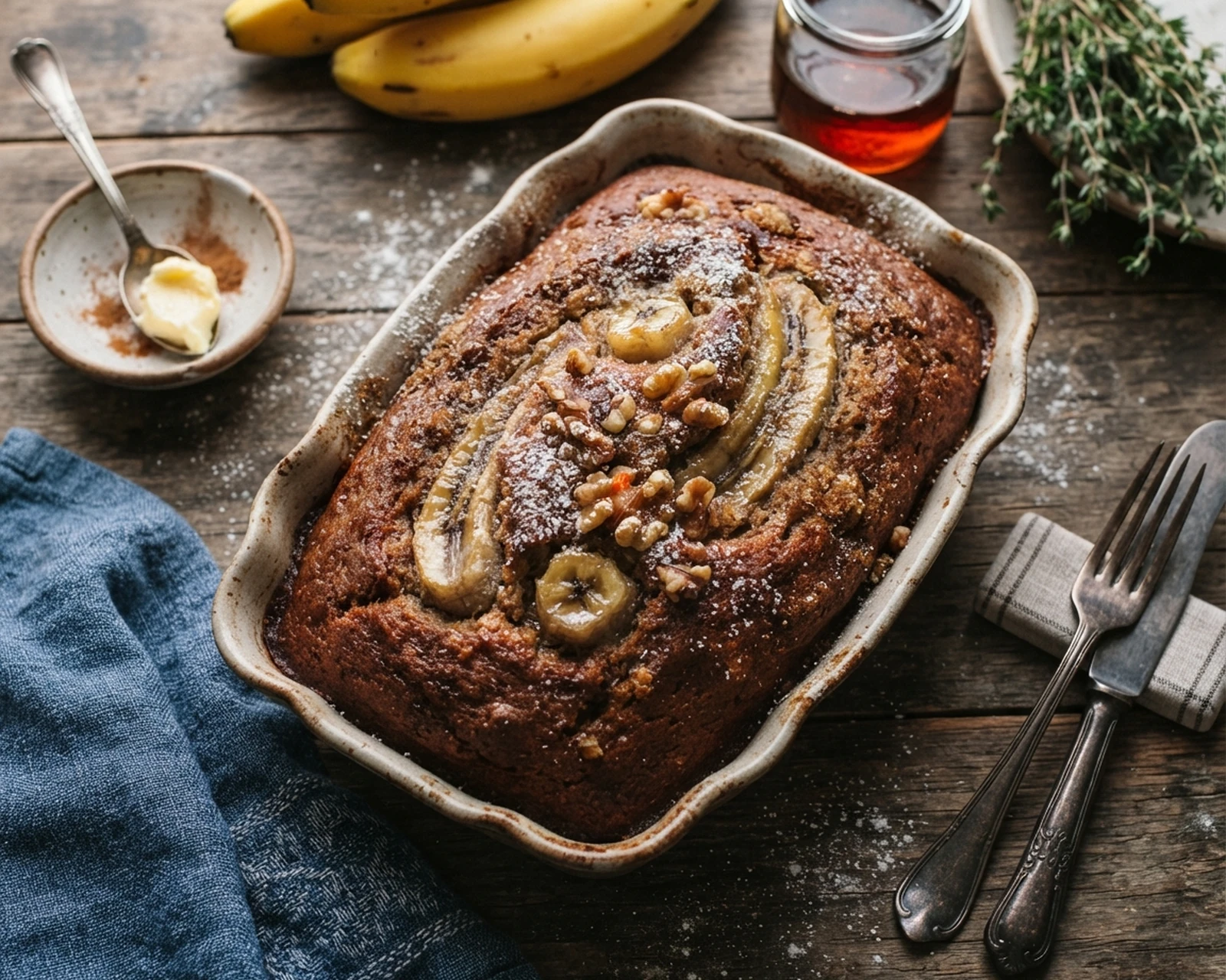Banana bread présenté entier et en portion, avec texture intérieure visible.