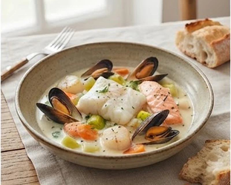 Blanquette de la mer présenté dans son plat de service, avec sa texture et sa garniture visibles