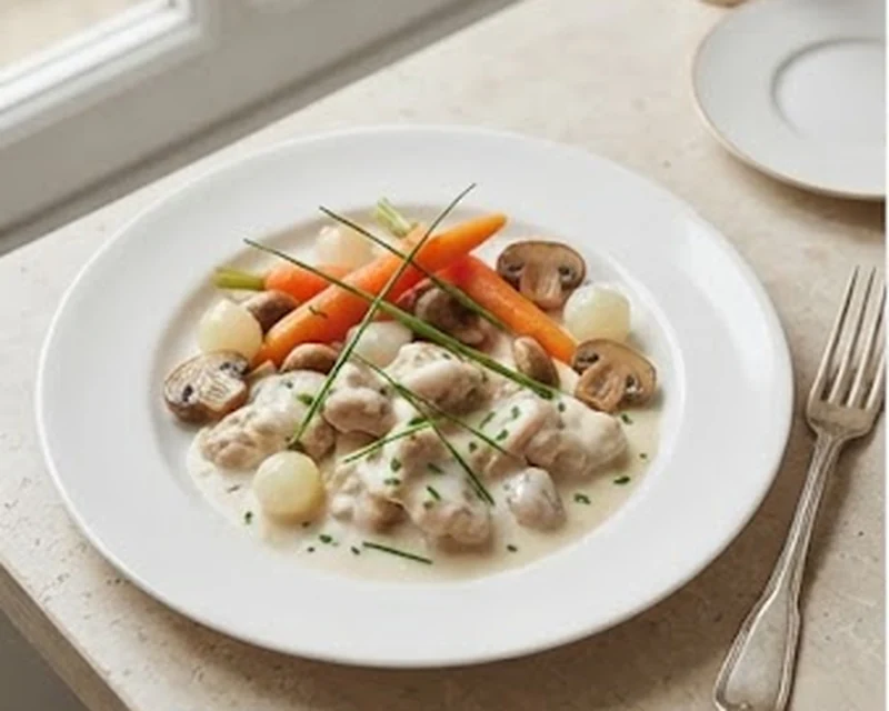 Blanquette de ris de veau aux champignons et petits oignons dans une sauce blanche crémeuse