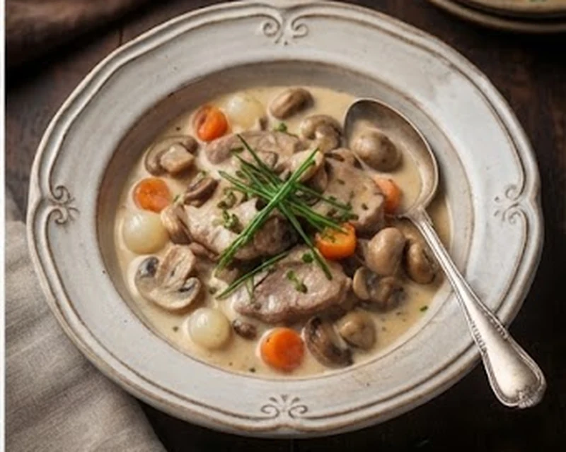 Blanquette de veau aux champignons, sauce blanche crémeuse avec carottes et oignons