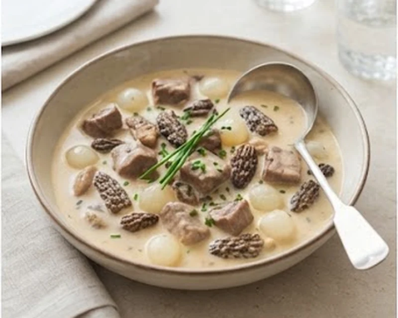 Blanquette de veau aux morilles dans une sauce blanche crémeuse avec petits oignons