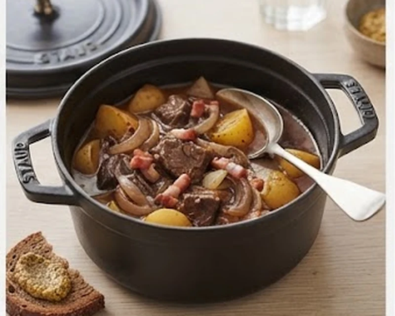 Bœuf mijoté à la bière avec oignons fondants et pommes de terre en cocotte