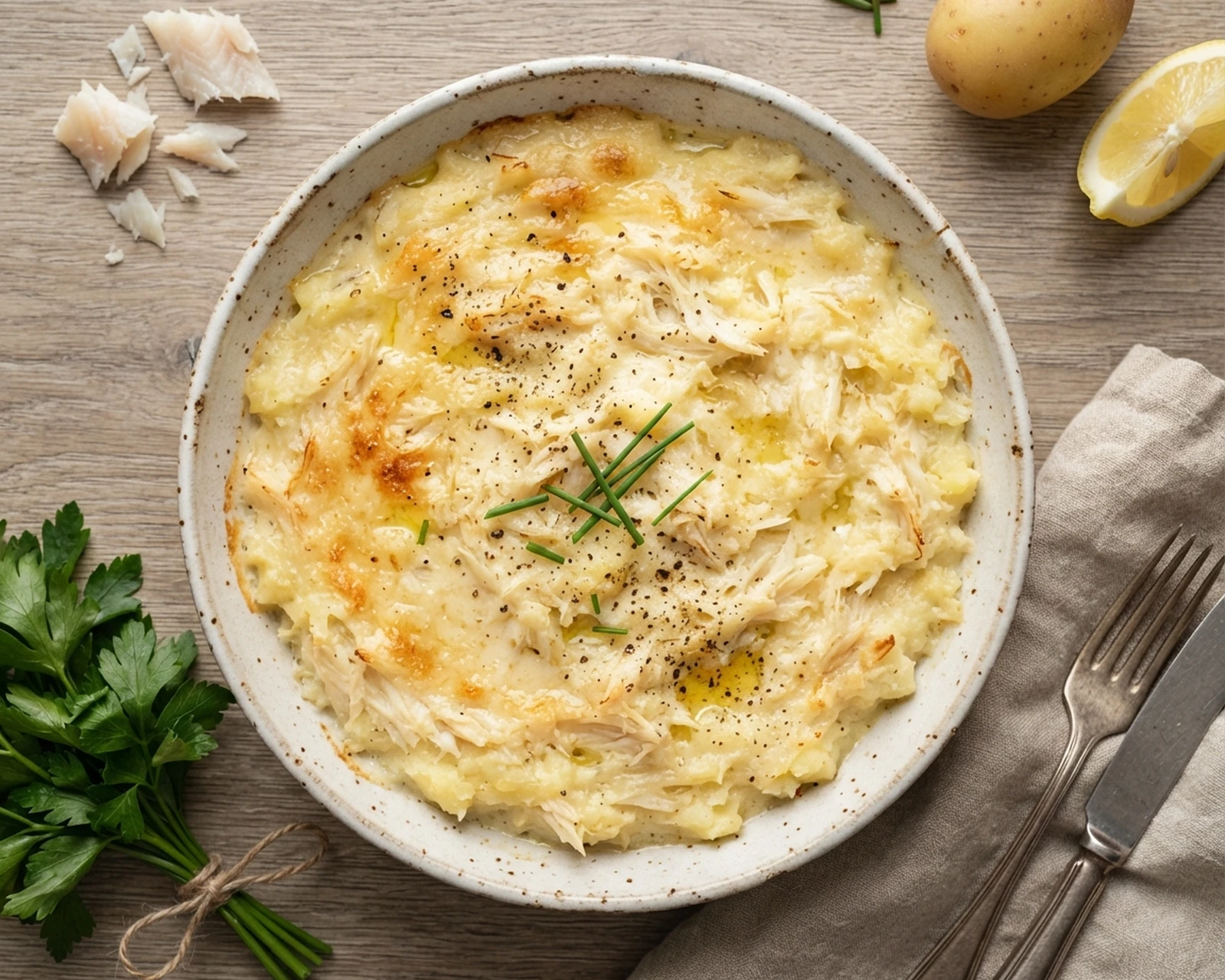 Brandade de haddock présenté dans son plat de service, avec sa texture et sa garniture visibles