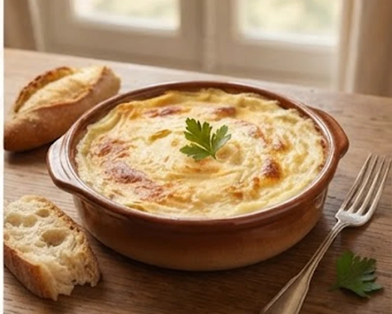 Brandade de morue de Nîmes gratinée dans un plat en terre cuite avec pain de campagne