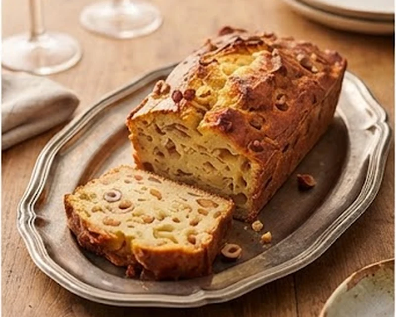 Cake salé aux lardons, noisettes et fromage, tranché pour l’apéritif