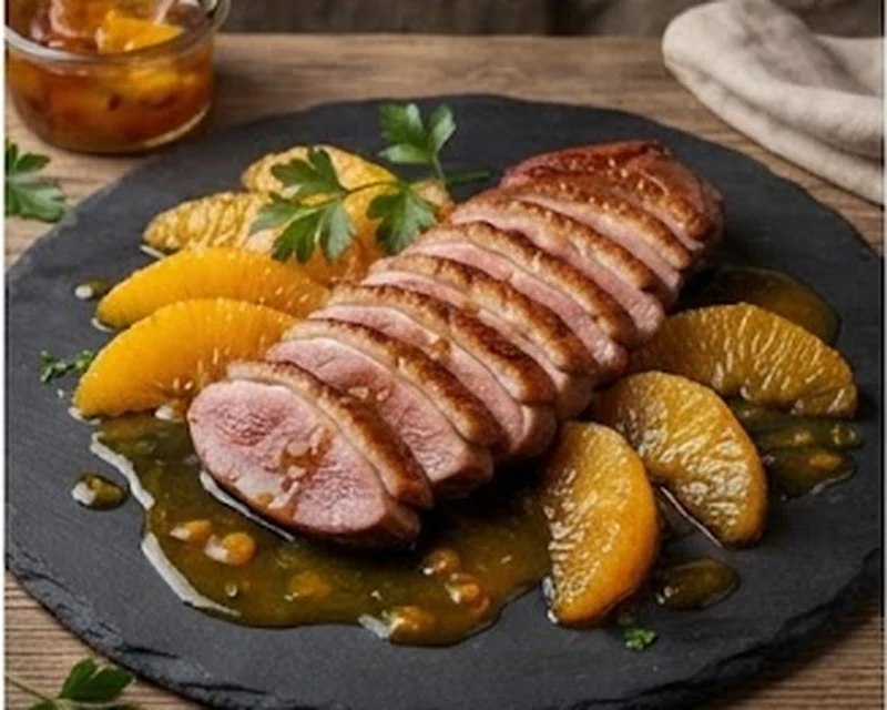Canard à l’orange présenté dans son plat de service, avec sa texture et sa garniture visibles