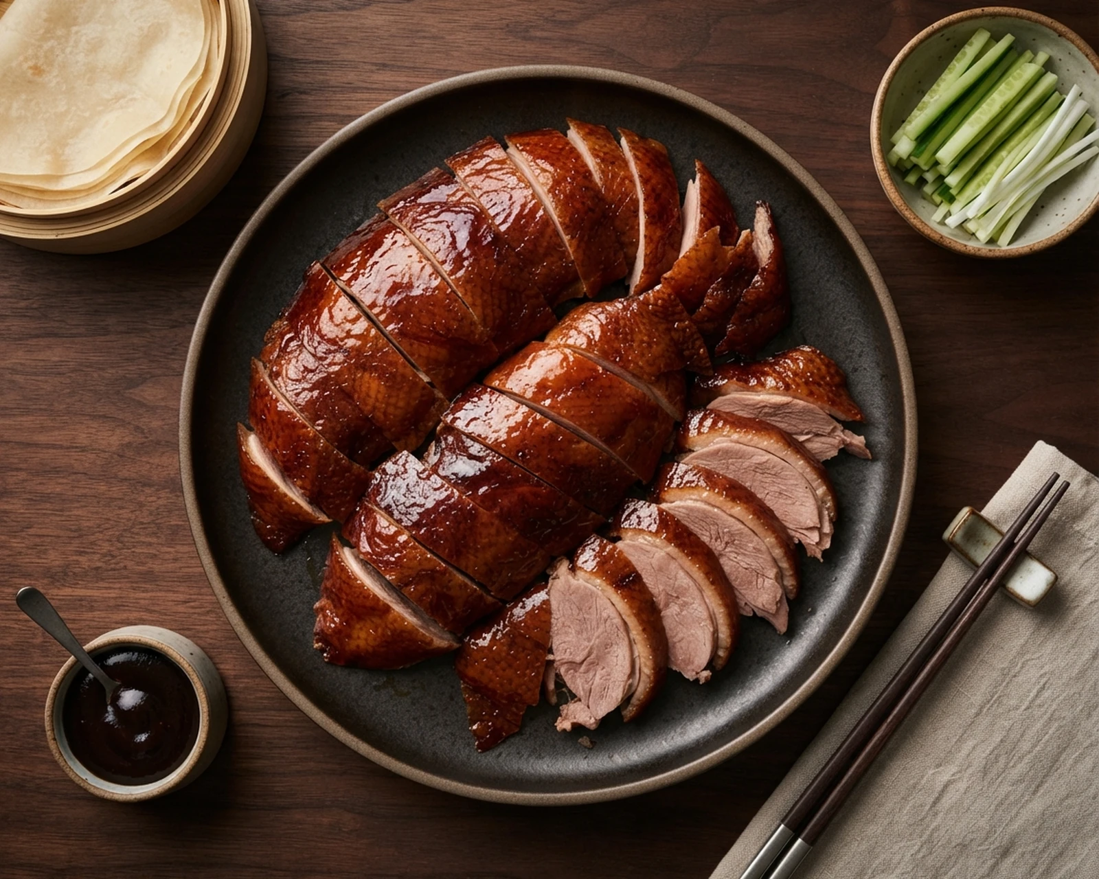 Vue rapprochée de canard laqué de pékin dressé et prêt à être servi