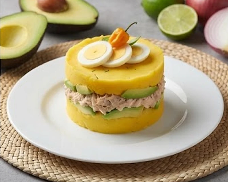 Causa péruvienne présenté dans son plat de service, avec sa texture et sa garniture visibles