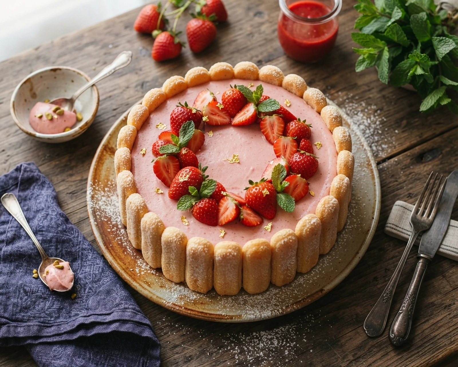 Charlotte aux fraises présenté entier et en portion, avec texture intérieure visible.