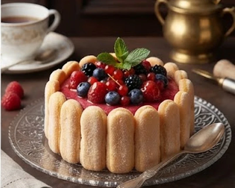 Charmois aux fruits entouré de biscuits à la cuillère et garni de fruits rouges