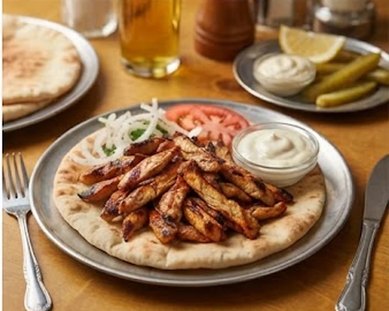 Chawarma de poulet libanais présenté dans son plat de service, avec sa texture et sa garniture visibles