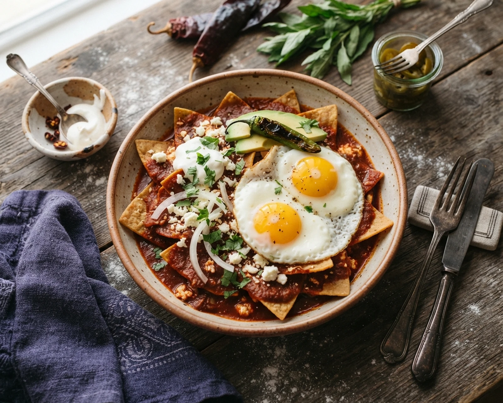 Chilaquiles rouges présentés dans un plat de service, avec la texture et la garniture visibles