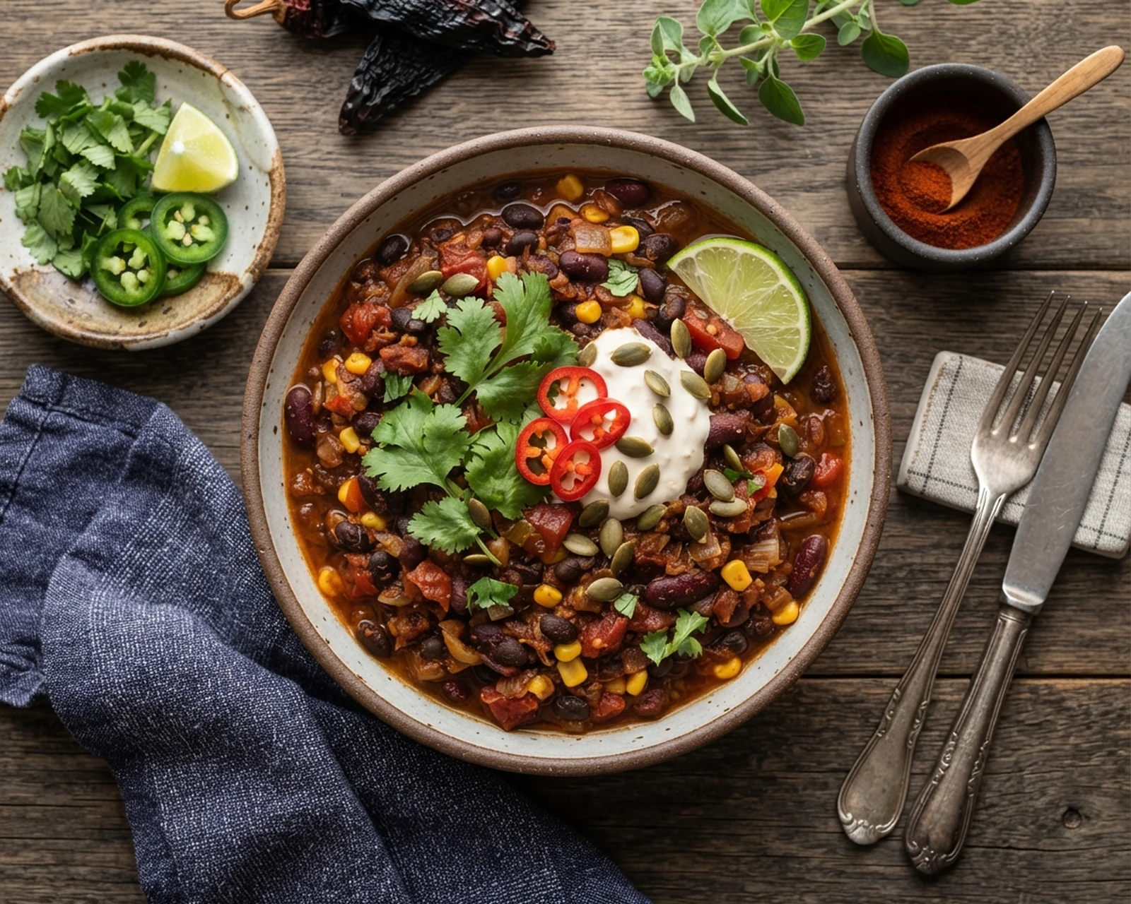 Chili sin carne servi dans son plat, avec sa texture et sa garniture visibles