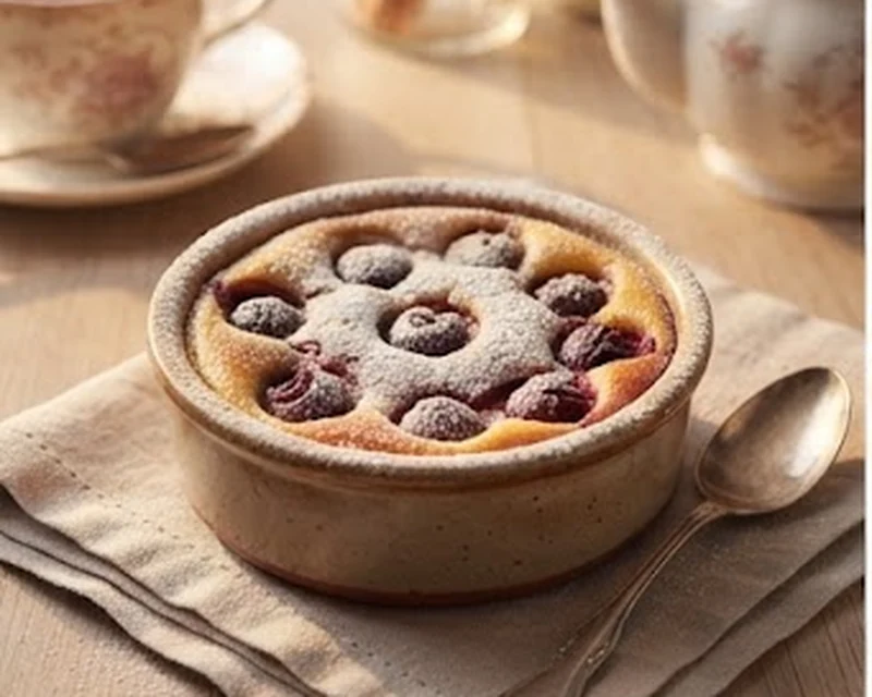 Clafoutis aux cerises doré servi dans un plat en céramique