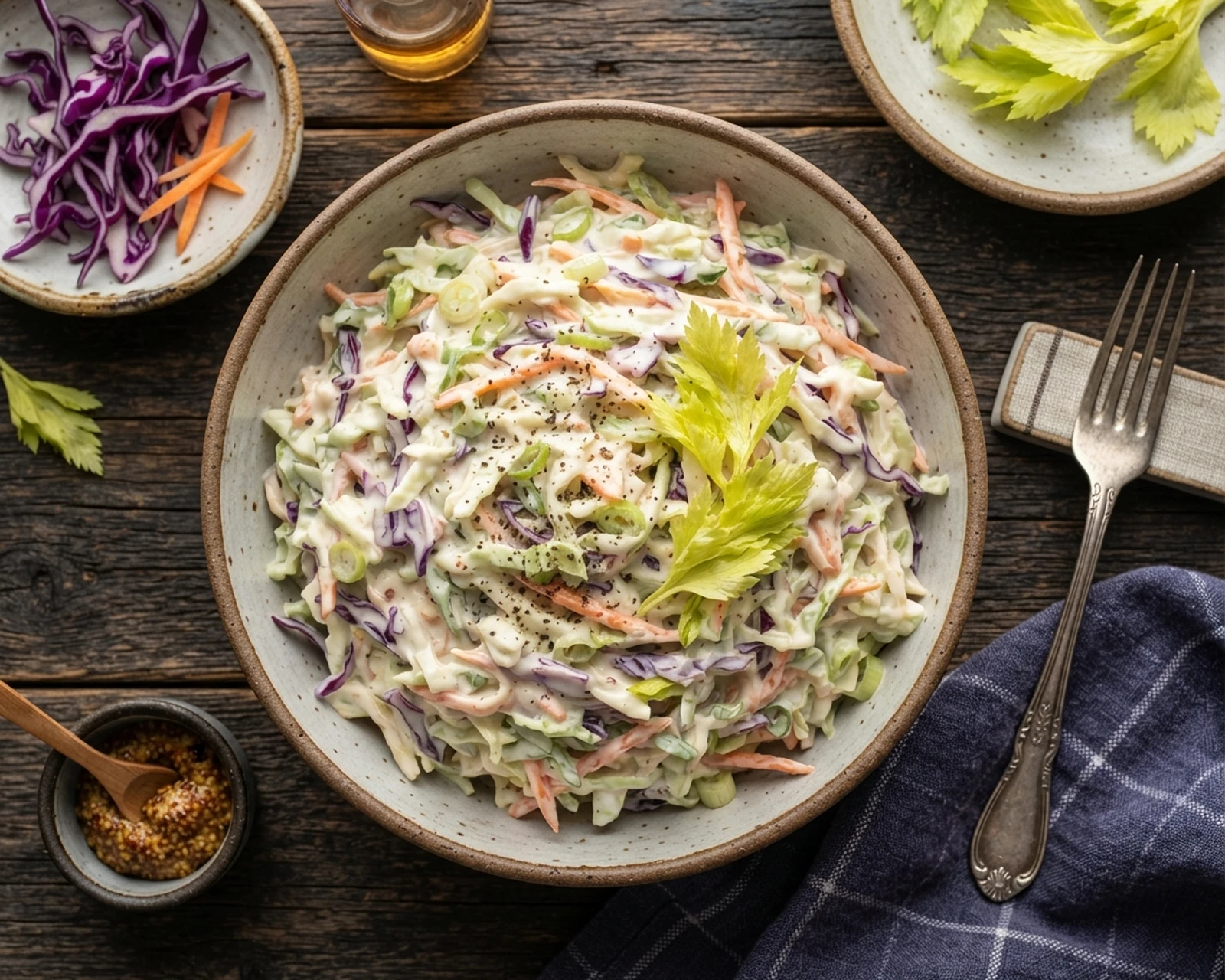 Coleslaw servi dans son plat, avec sa texture et sa garniture visibles