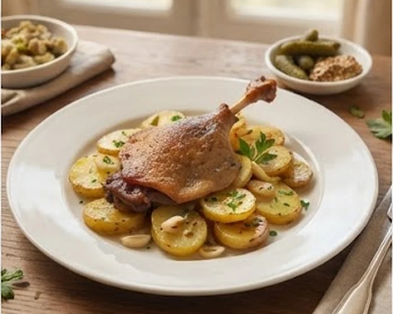 Cuisse de confit de canard à la peau croustillante servie avec pommes de terre dorées