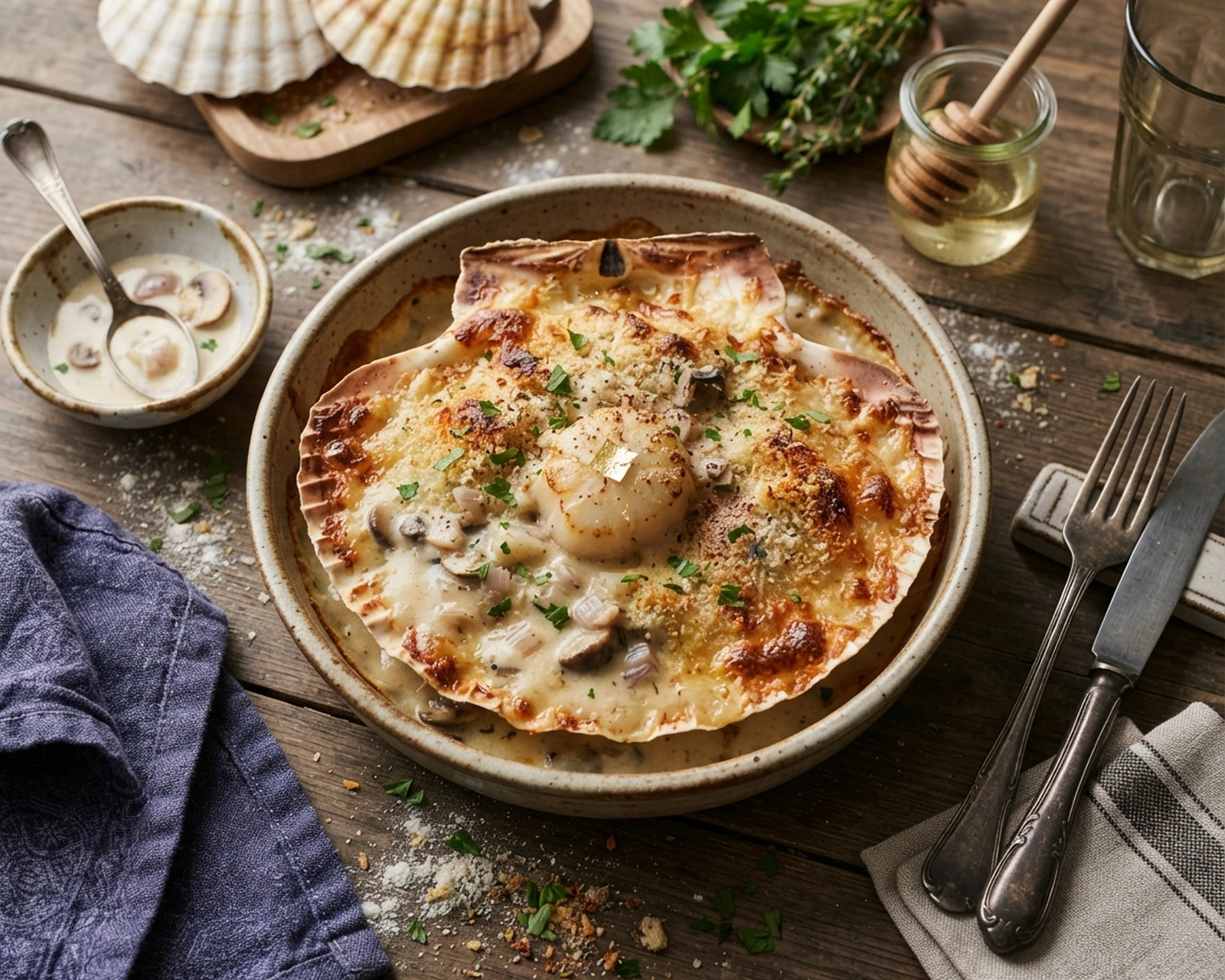 Coquilles Saint-Jacques gratinées maison présenté dans son plat de service, avec sa texture et sa garniture visibles