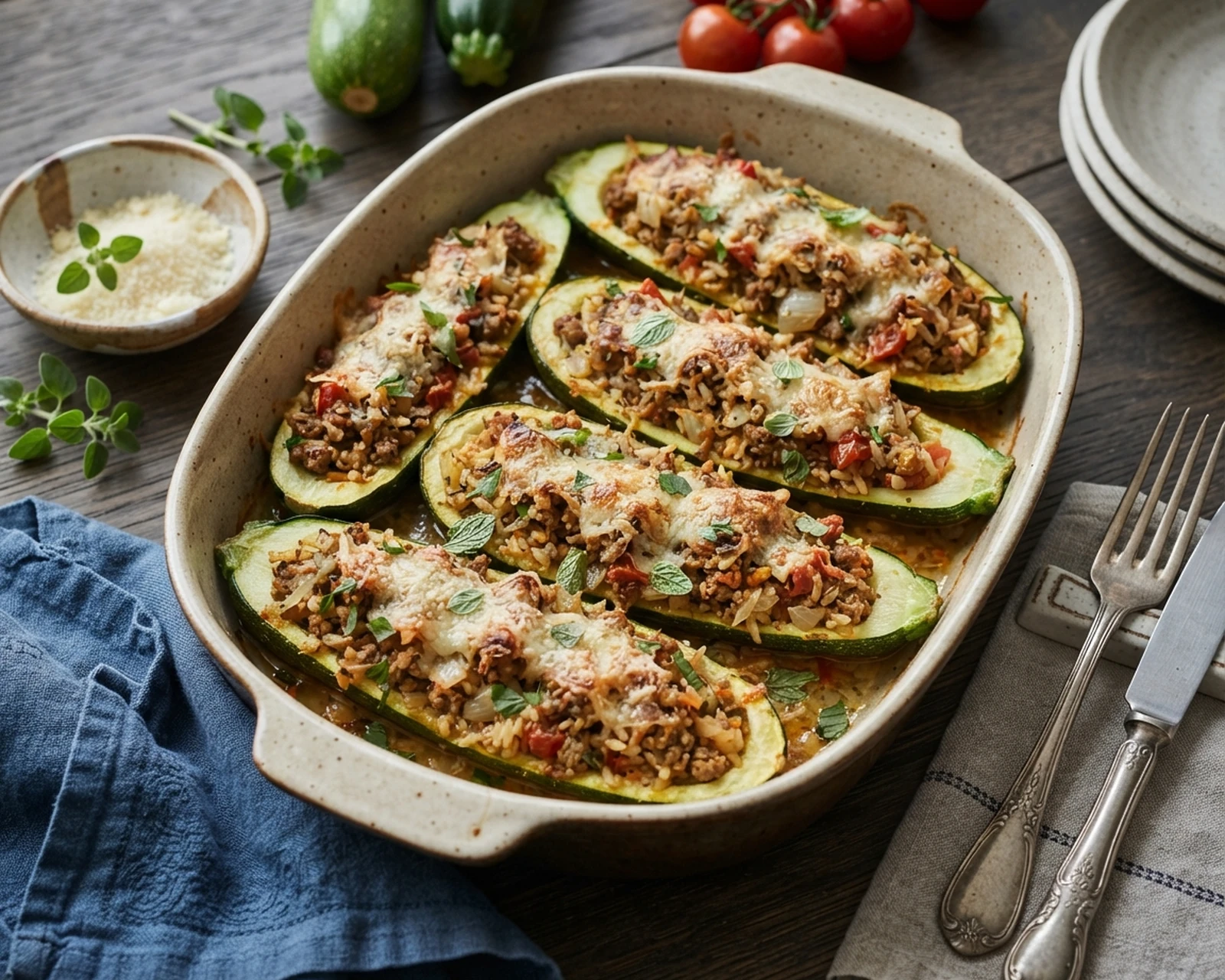 Courgettes farcies servi dans son plat, avec sa texture et sa garniture visibles