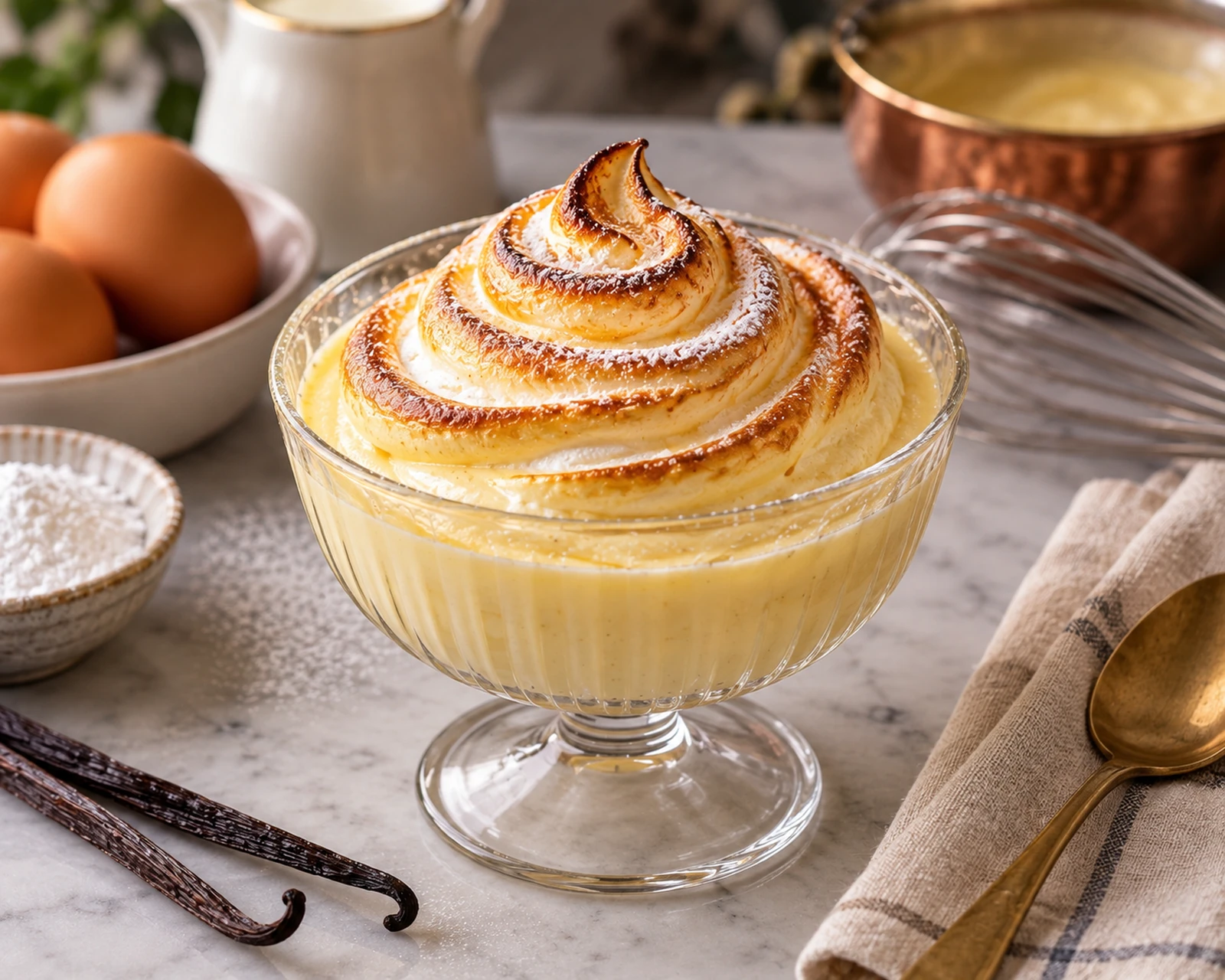 Crème chiboust maison présenté dans son plat de service, avec sa texture et sa garniture visibles
