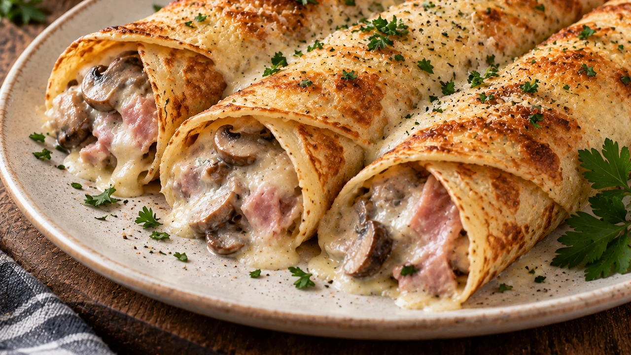 Crêpes roulées au jambon, champignons et crème — photographie du plat