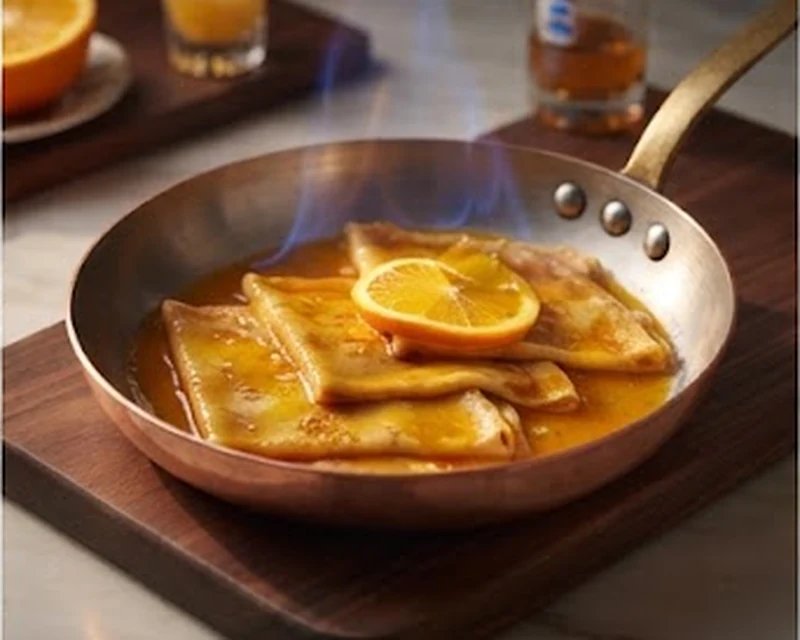 Crêpes Suzette flambées dans une poêle avec sauce à l’orange