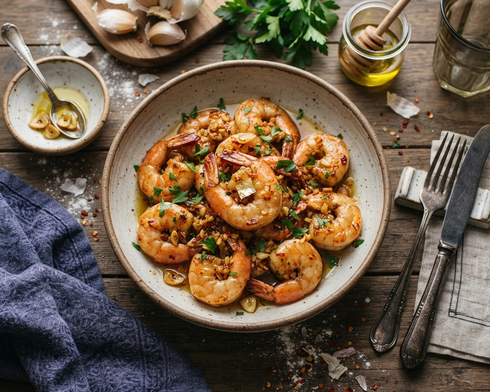 Crevettes sautées à l’ail maison présenté dans son plat de service, avec sa texture et sa garniture visibles