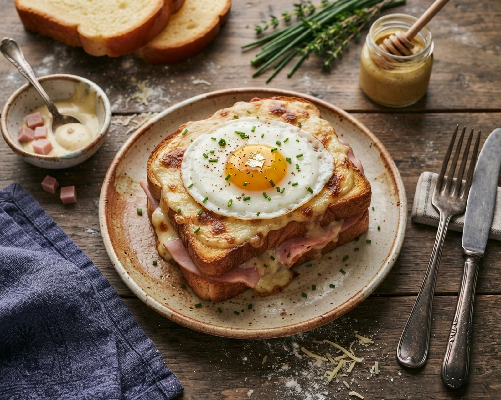 Croque-madame présenté dans un plat de service, avec la texture et la garniture visibles