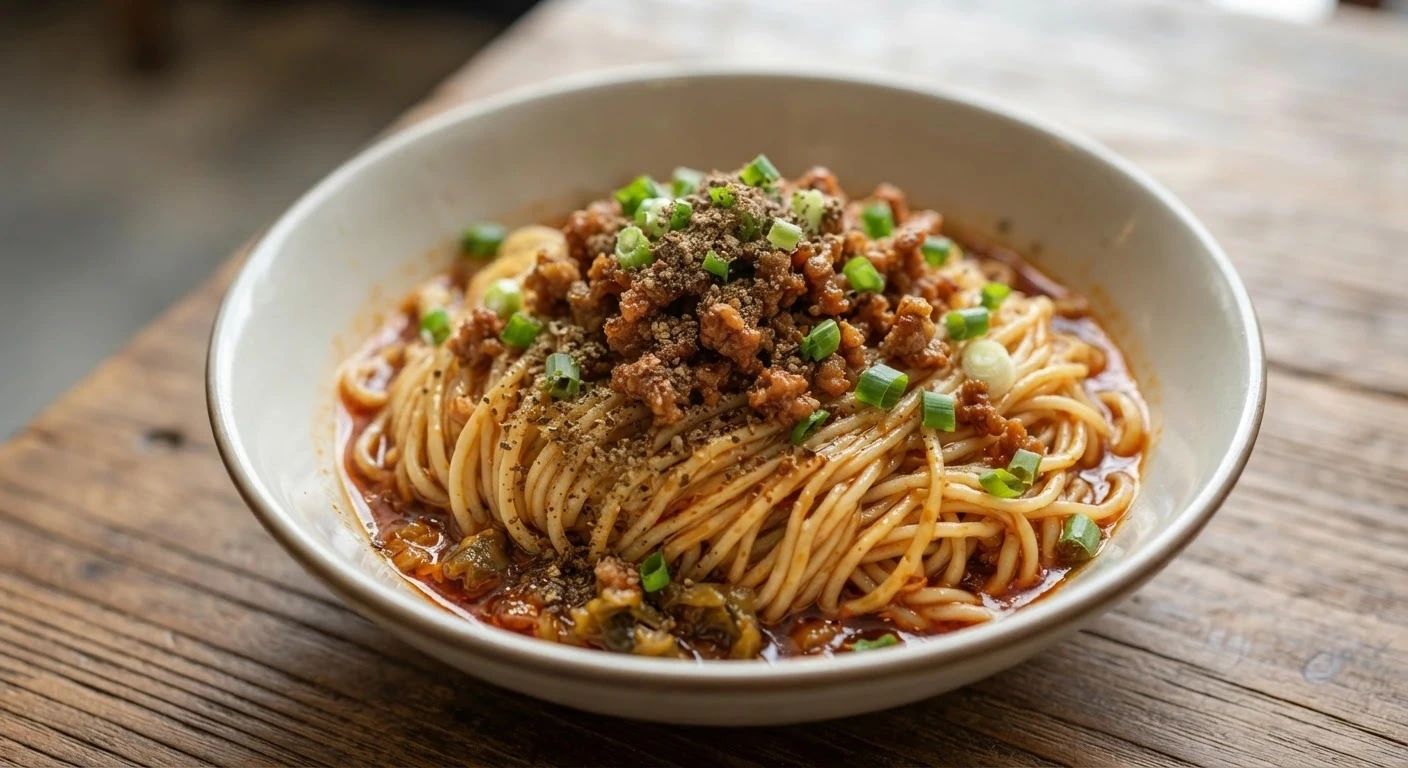 Nouilles épicées du Sichuan au porc — photographie du plat