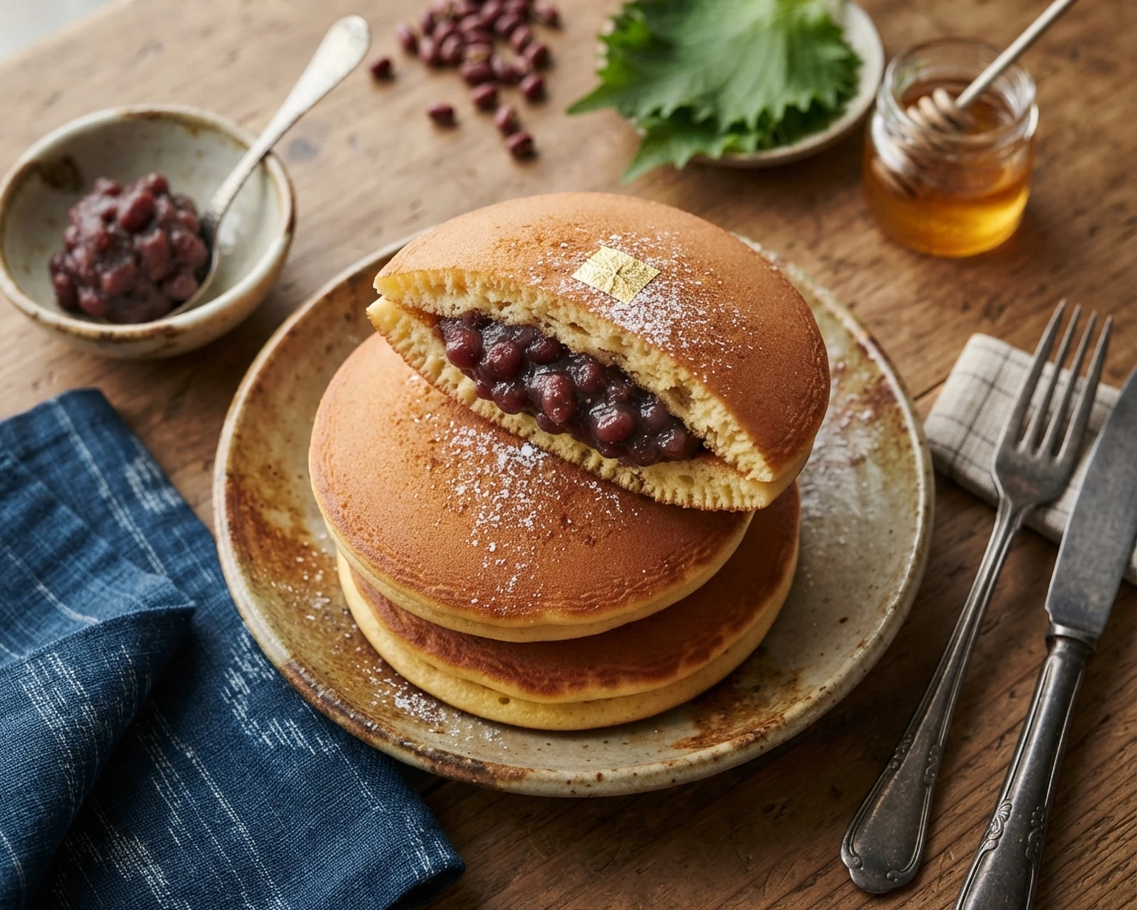 Dorayaki présenté entier et en portion, avec texture intérieure visible.