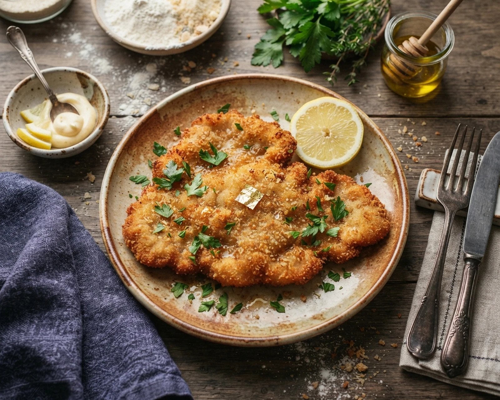 Escalope milanaise maison présenté dans son plat de service, avec sa texture et sa garniture visibles