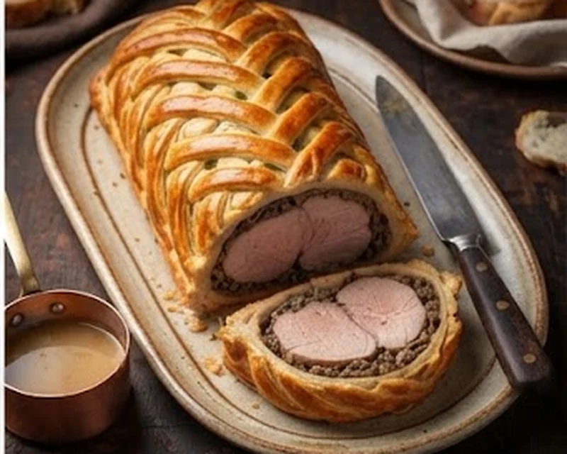 Filet mignon de porc en croûte feuilletée dorée, garni de champignons