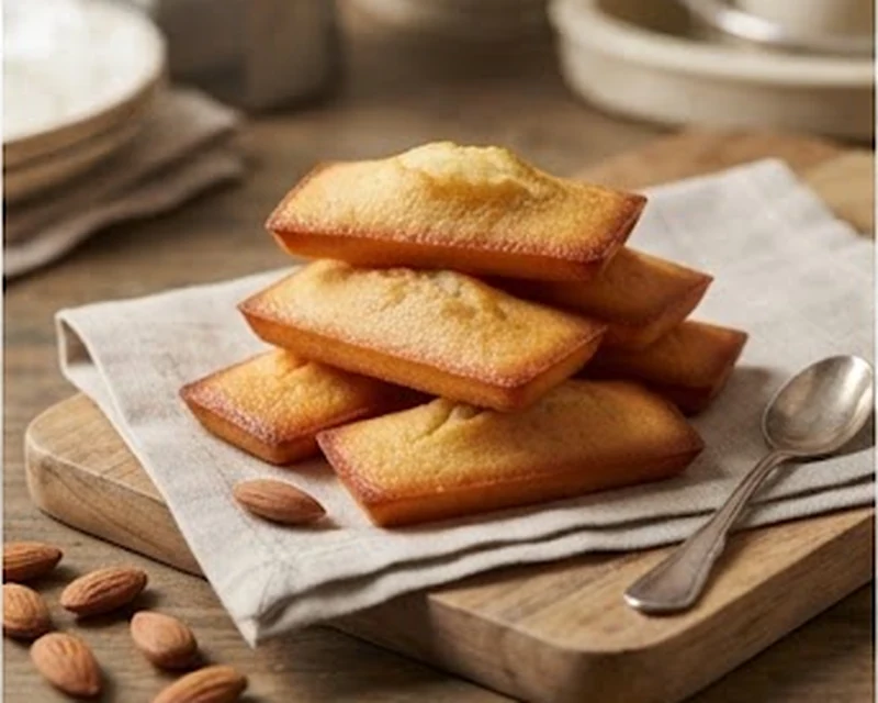 Financiers aux amandes dorés empilés sur un linge clair