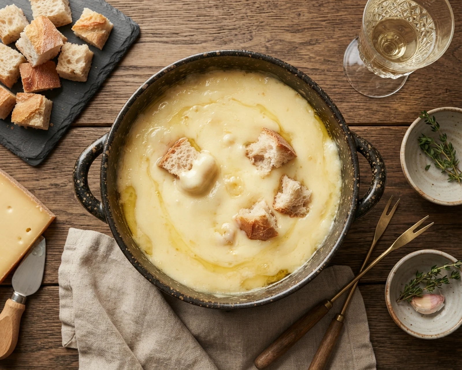 Fondue savoyarde présenté dans son plat de service, avec sa texture et sa garniture visibles