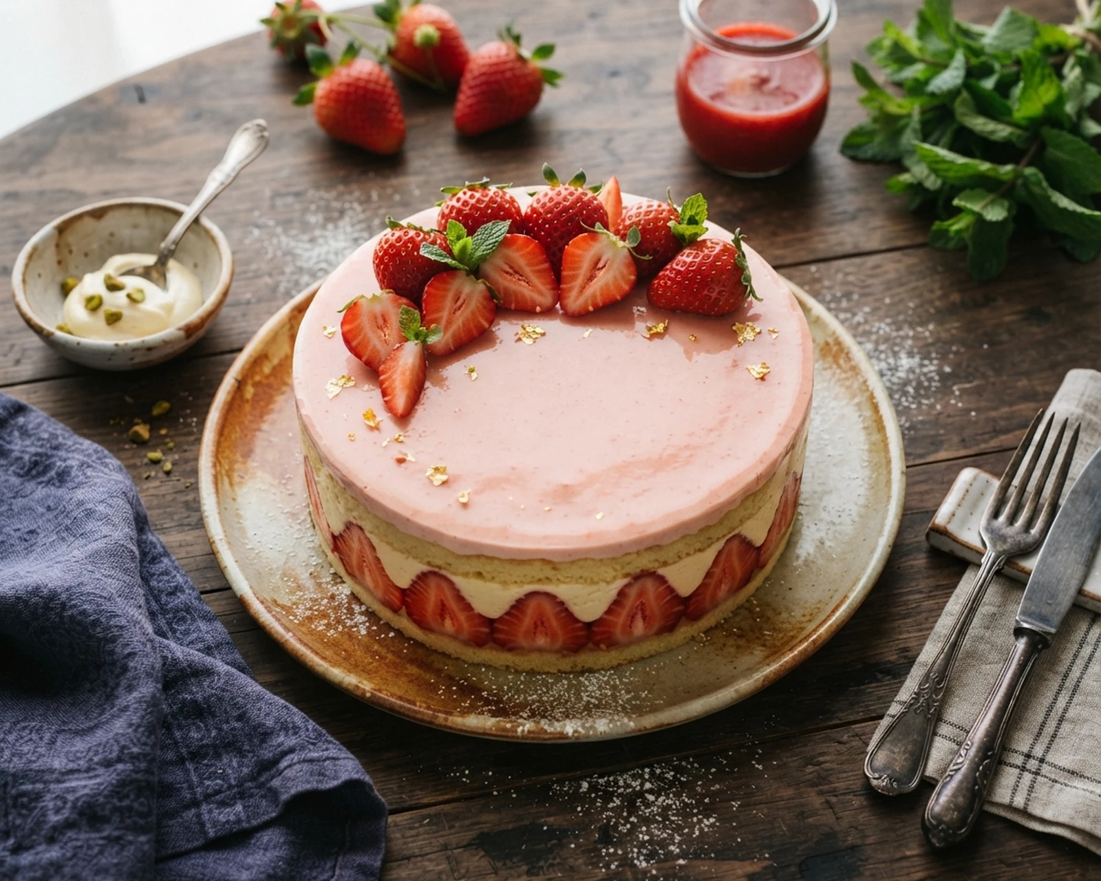 Fraisier présenté entier et en portion, avec texture intérieure visible.