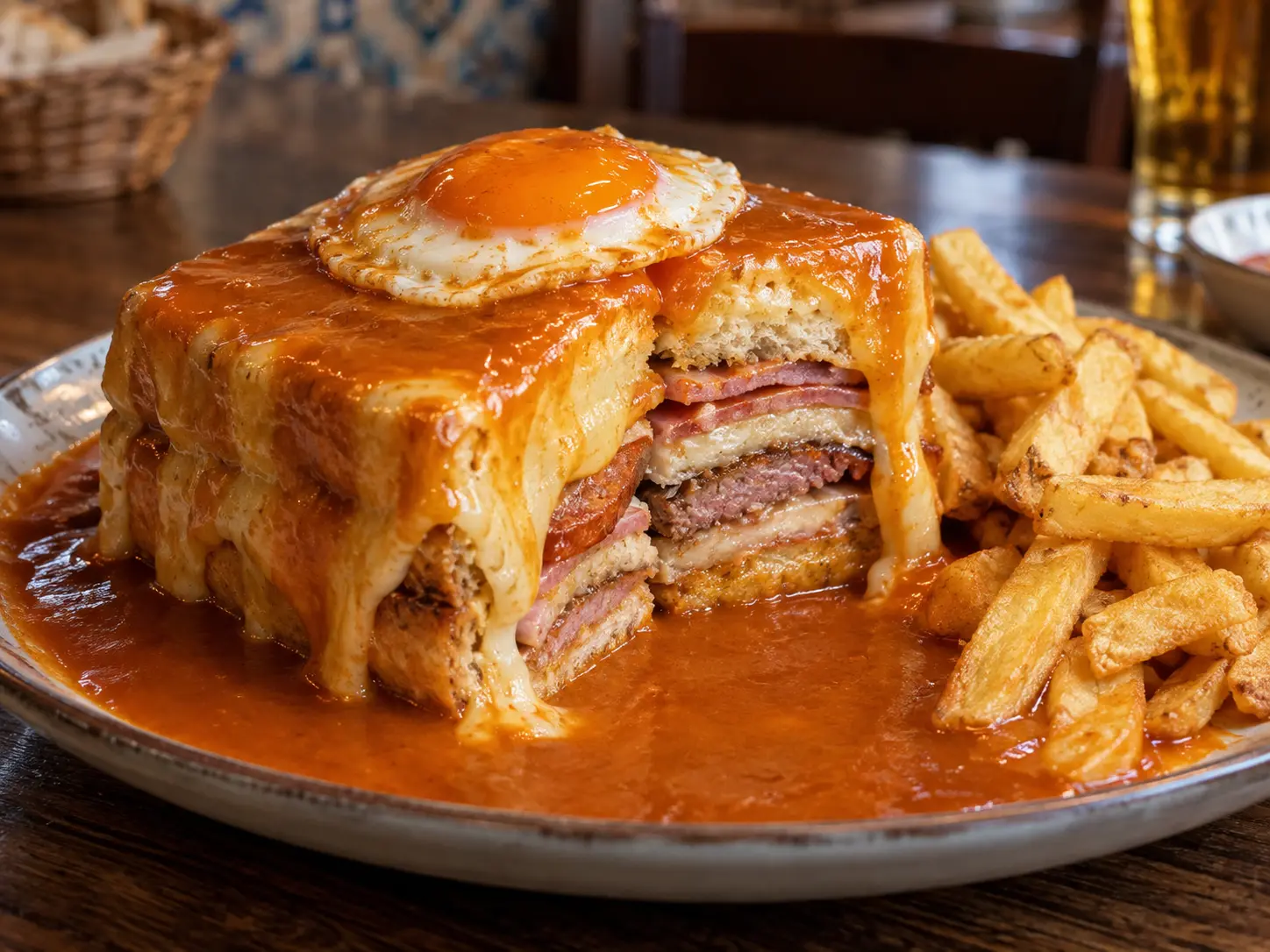 Sandwich portugais de Porto garni de viande et sauce — photographie du plat