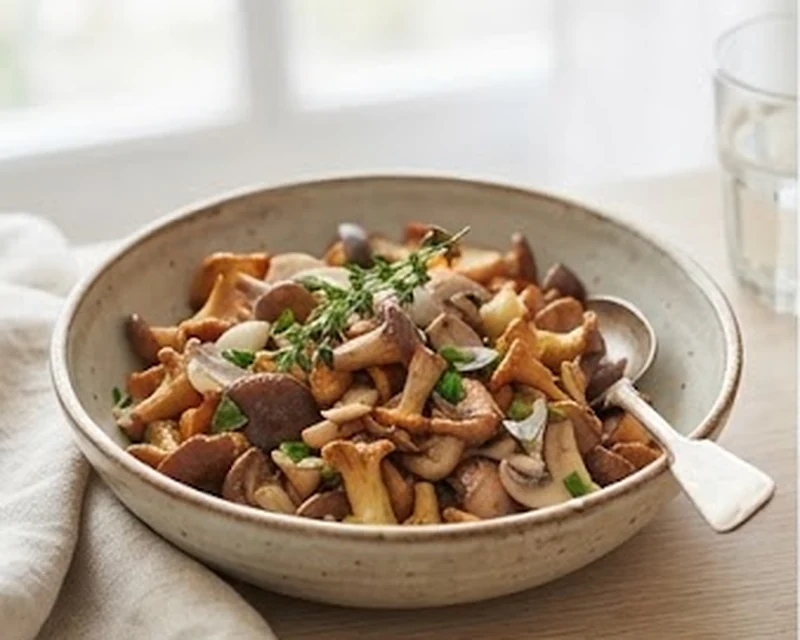 Fricassée de champignons dorés à l’ail et au persil servie dans une assiette creuse