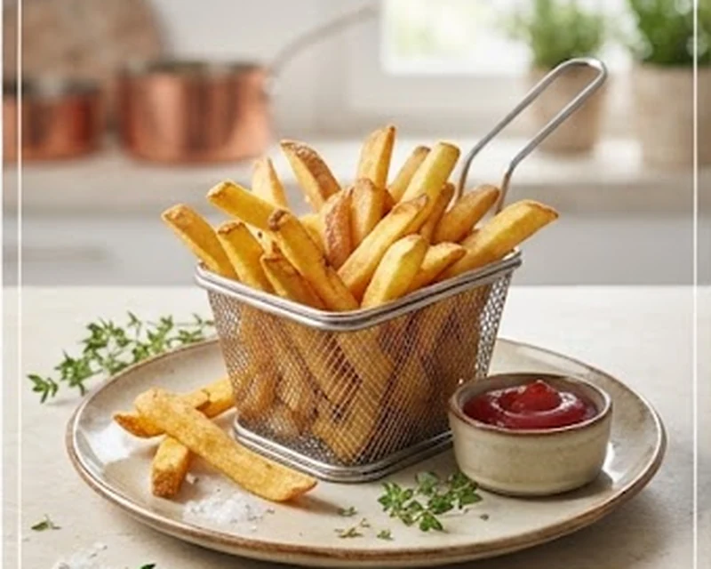 Frites fraîches maison dorées et croustillantes préparées en double cuisson