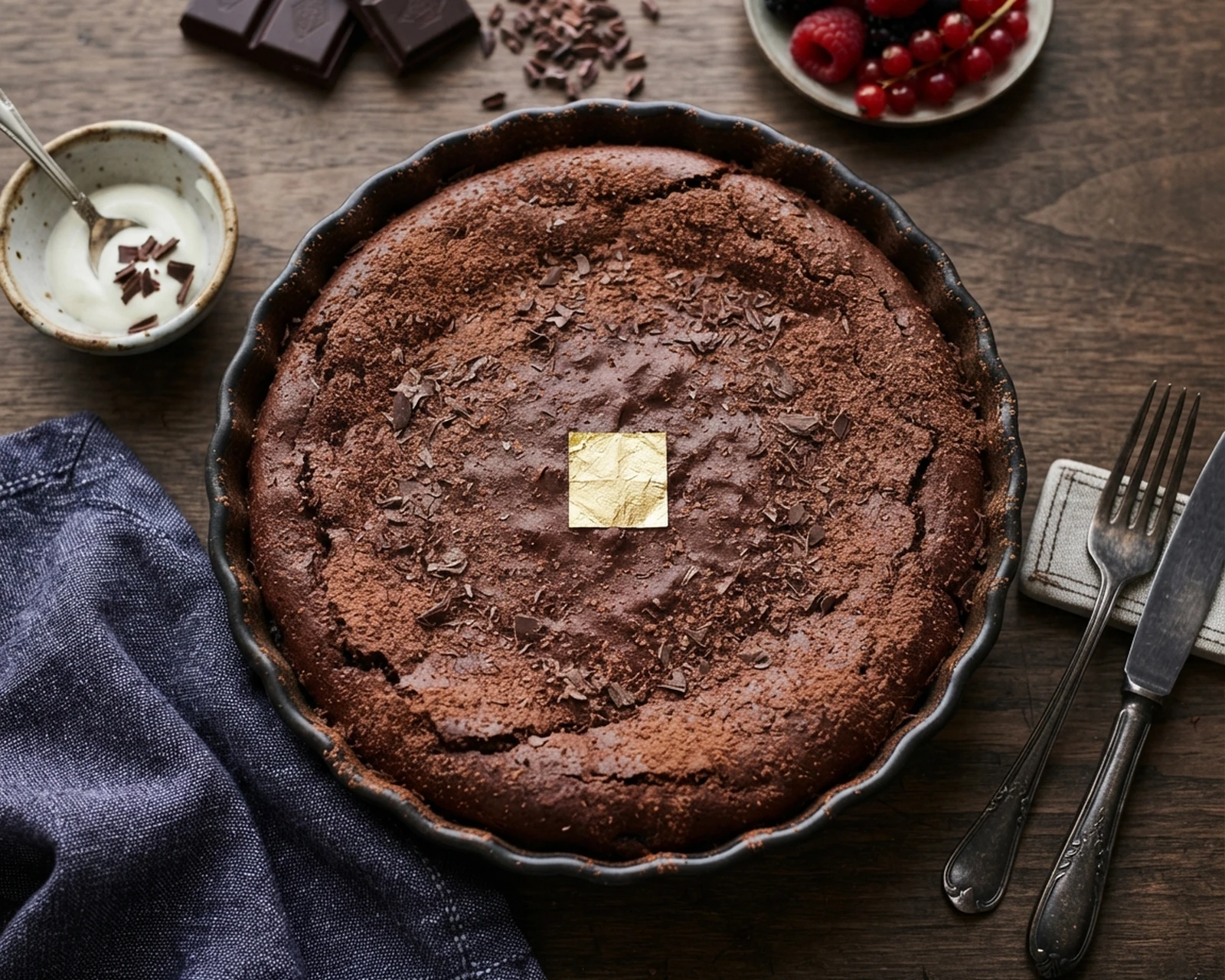 Part de gâteau au chocolat sombre, à croûte fine et cœur moelleux, servie sur une assiette claire.